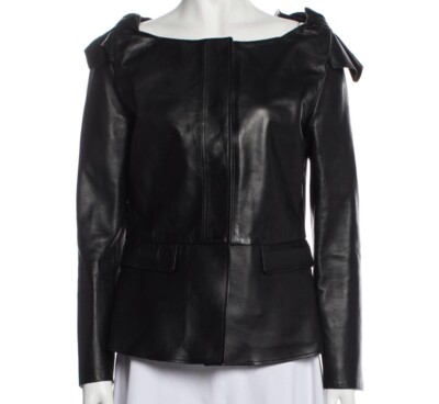 Burberry Prorsum Black Leather Bow Peplum Blazer fit Jacket Blazer Coat US1 IT36