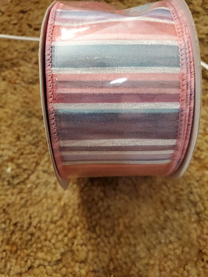 Organza con Raya Azul Rosa Púrpura 2.5" x 20Y x 1R Raya Blanca/Azul Rosa Foto 3 de 3