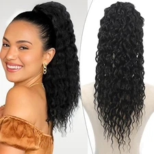 24" LONG  CURLY Ponytail Extension for Black Women Drawstring Clip in Hairpiece
