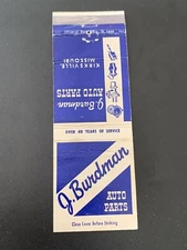Vintage Missouri Matchbook: “J Burdman Auto Parts” Kirksville, MO
