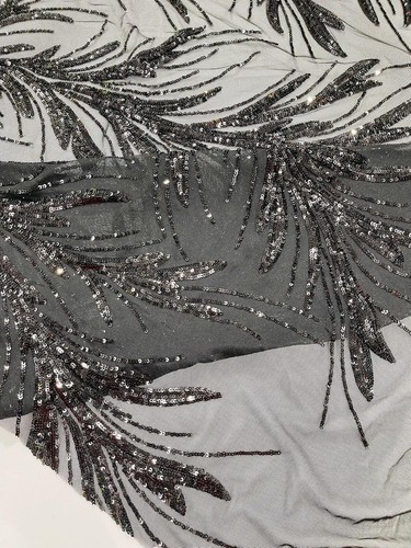 BLACK - Fashion Design Sequins Embroider 4 Way Stretch Mesh Fabric By Yard - Picture 4 of 5