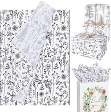 AnyDesign 100 Sheet Vintage Wildflower Tissue Paper Black and black white 