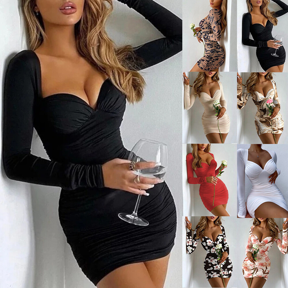 ️Sexy Women V Neck Bodycon Mini Dress Ladies Club Party Long Sleeve Dresses  US | eBay