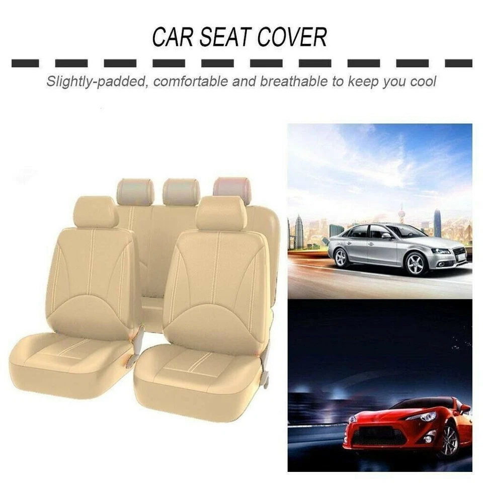 For Toyota Car Seat Cover Full Set PU Leather 5-Seats Front&Rear Protector Beige - Image 3 of 4