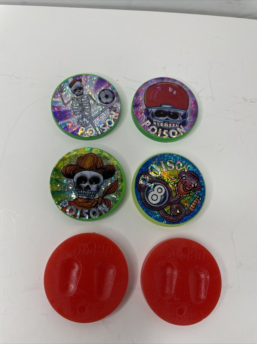 6 Vintage Pogs Plastic Skull Poison Rare+ Blank Jimbo Slammers