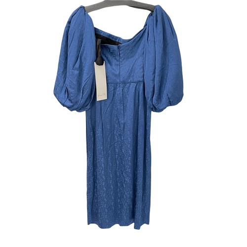Johanna Ortiz Off Shoulder Midi Evening Dress Size 6 Blue Jacquard Puff Sleeve - Picture 4 of 12