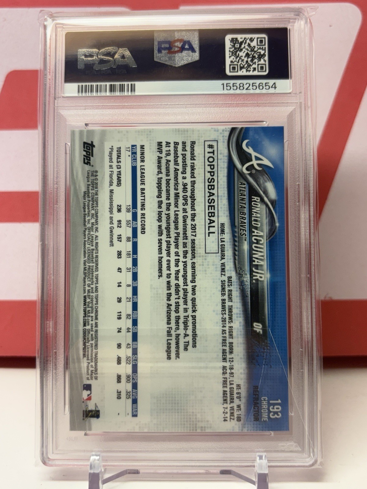 2018 Topps Chrome Ronald Acuna Jr. RC Refractor Rookie #193 Braves PSA 10 view 2