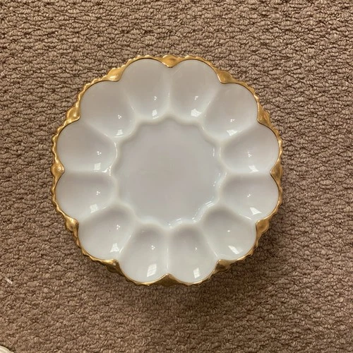 Vintage Anchor Hocking Milk Glass Deviled Egg Plate with Gold Trim Ornate Bottom