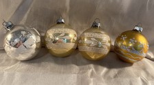 4 Vtg Stencil Glitter Gold Glass Christmas Ornaments USA, Train Flowers Shiny Br