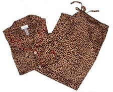 2 Pc Oscar de la Renta Luxurious Leopard Pajamas Embroidered Logo Pocket Wm's L