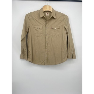 Levi's Western Shirt XL Tan Excellent Pearl Snap Cotton Twill Long Sleeve