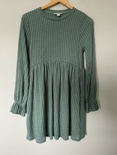 Topshop Size 10 Teal Square Pattern Dress Long Sleeves Flare Elastic Cuffs VGC