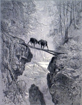 TWO GOATS 1885 Gustave Doré * Jean de La Fontaine - Ad Ligny ANTIQUE ENGRAVING