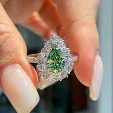 3.99 Ct Pear Cut Natural Green Emerald Diamond Wedding Ring 14K White Gold