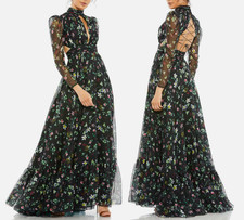 MAC DUGGAL 67942 BLACK FLORAL CHIFFON LONG SLEEVE LACE UP BACK GOWN  sz 0