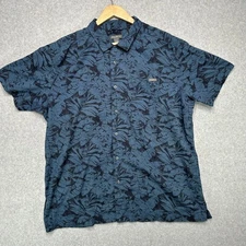 Eddie Bauer Mens Tropical Print Short Sleeve Button Up Camp Shirt XL Blue Black