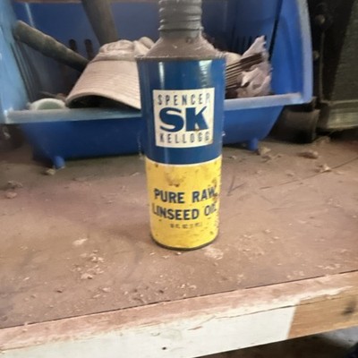 Spencer Kellogg Pure Raw Linseed Oil Can Blue Yellow Paint & Varnish Theme