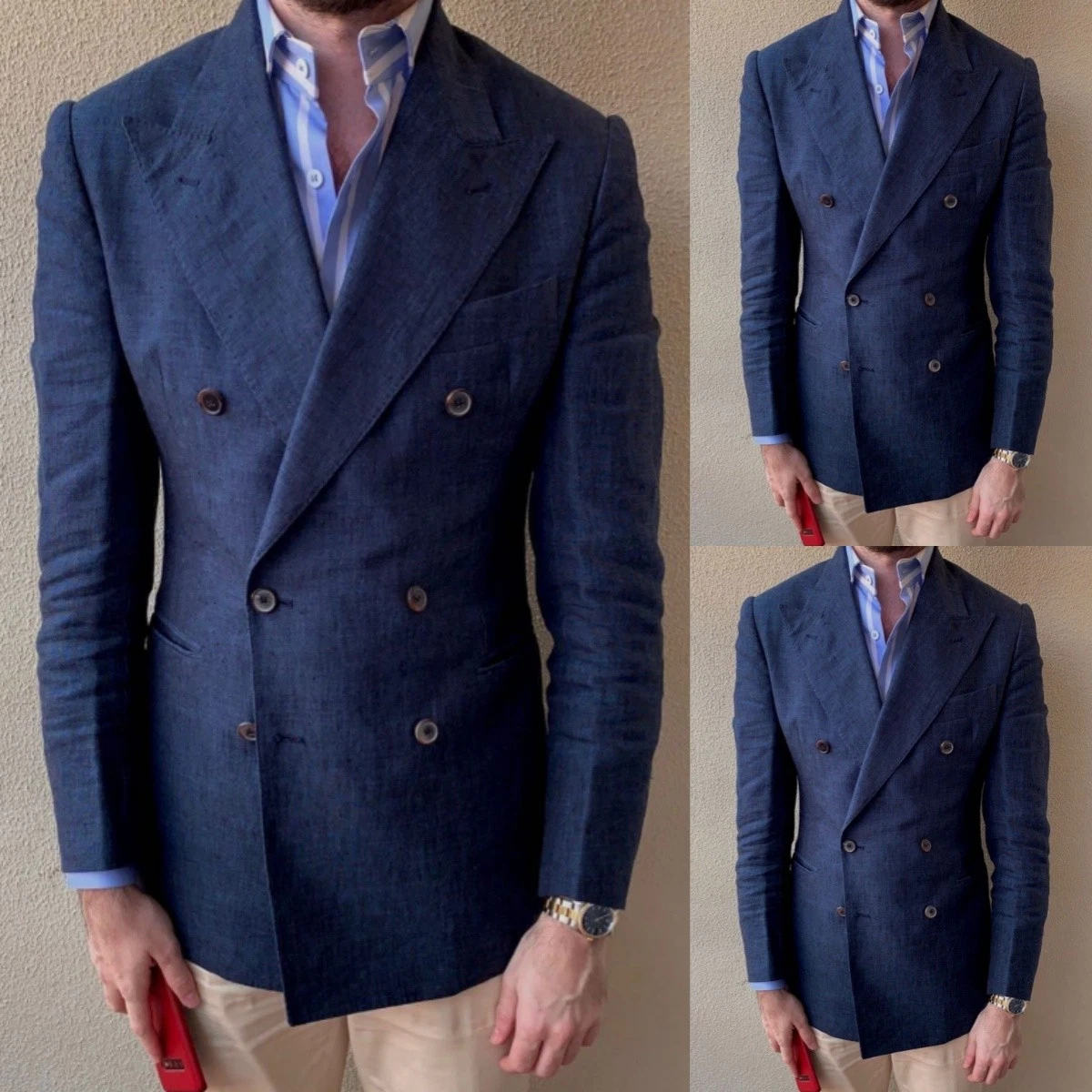 Navy Blue Linen Men's Suits Summer Daily Wear Peak Lapel Wedding Groom Tuxedos