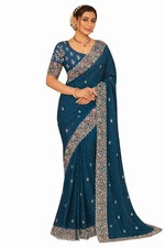 Navy Blue Space Silk Saree with Unstitched Blouse  Floral Embroidery