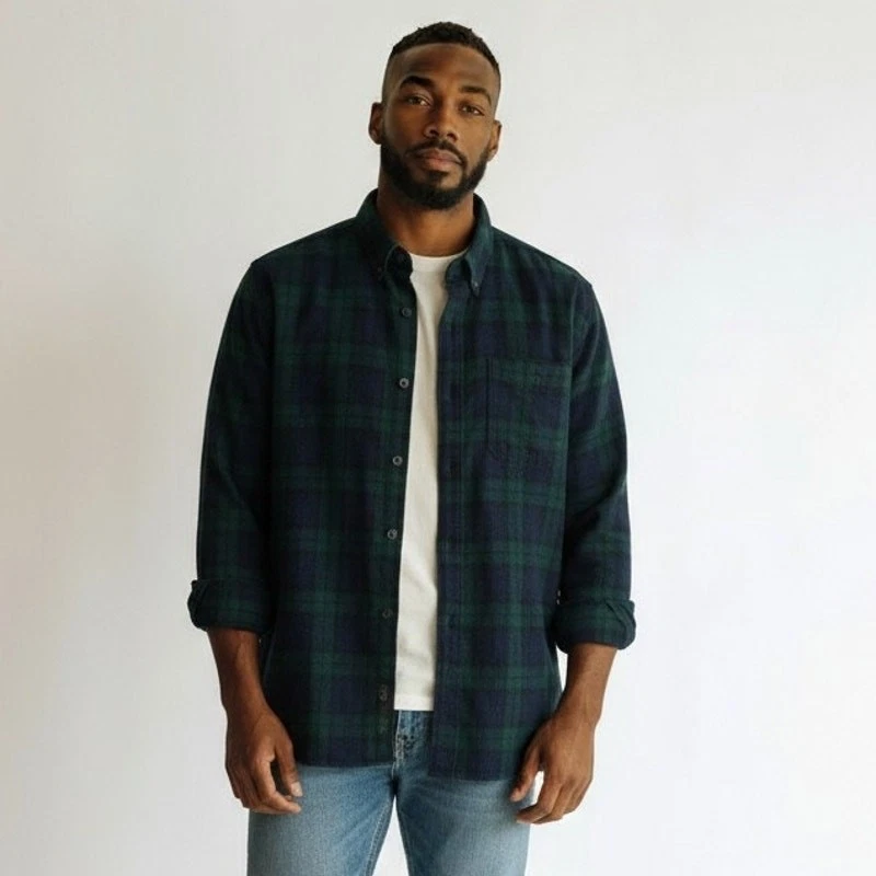 LL Bean Shirt Men 2XL Green Blue Plaid Flannel Button Down Pocket Long Sleeve