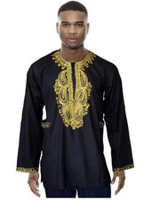 Black Cotton Long Sleeve Dashiki Shirt with Gold Embroidery DP3781LS