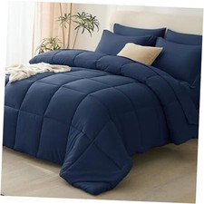 Comforter Set - 7 Pieces Bed in a Bag All Season Breathable Queen Navy Blue