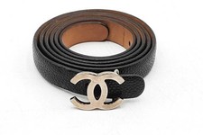 Chanel Black Leather Belt  Silver Tone Cc Logo Buckle Size 95/38 Eb1025wrxdu