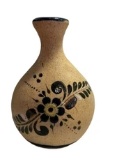 Tonala Mexican Pottery Vase Folk Art 7 Inch Tall Tan with Blue floral design