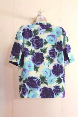 Retro 50s Grannycore Shirt Womens L Purple Mint Floral Button Up Poly Chiffon SS - Picture 7 of 7
