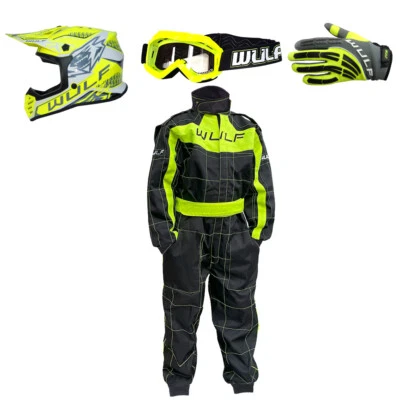 Wulfsport AIR-X Kids Motocross Helmet Yellow Set Shadow Gloves Goggles Race Suit