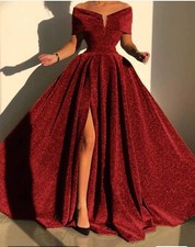 New Red Evening Gown Sparkle/Shine Dress Formal Sleeveless Off Shoulder Sequined