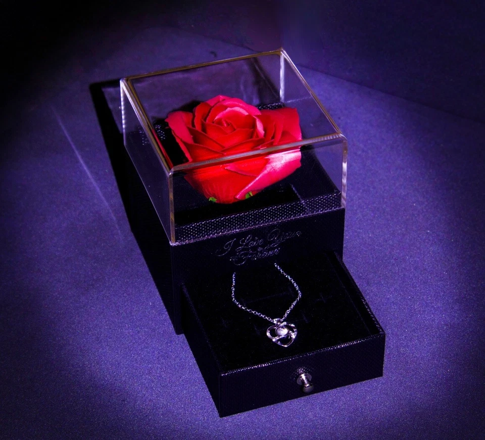 Caja de regalo flor rosa preservada con collar I Love You día de la madre San Valentín Foto 2 de 4
