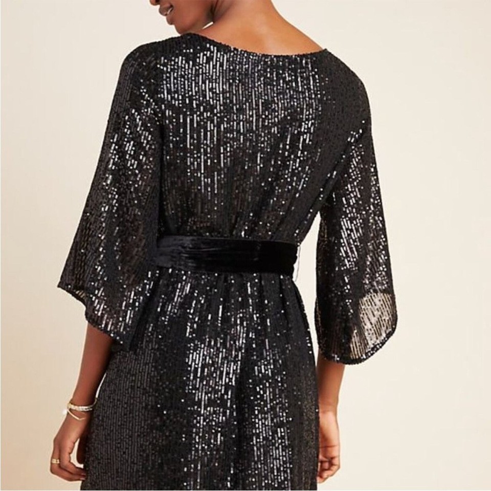 Anthropologie Starling Black Sequin Velvet Belted Tunic Mini Dress