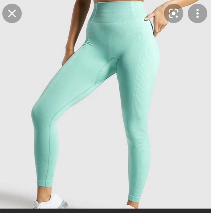 Gymshark Womens XS Aqua Green Ribbed Side Leggings Ultra Seamless High Rise