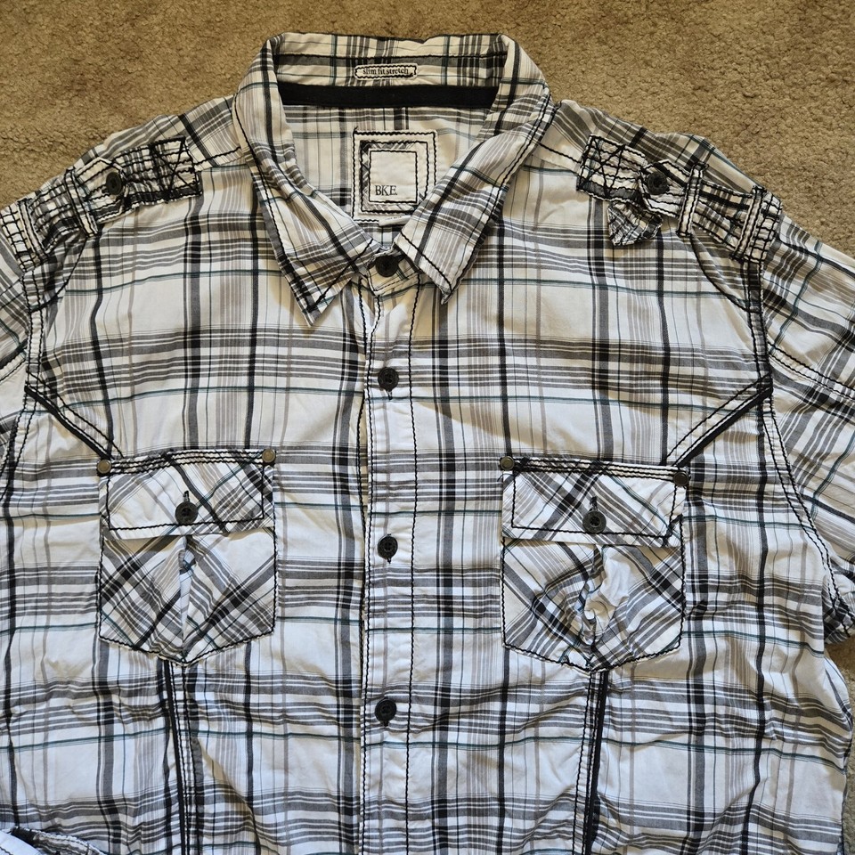 BKE Mens Slim Fit Stretch Long Sleeve Button Up Shirt Black White Plaid