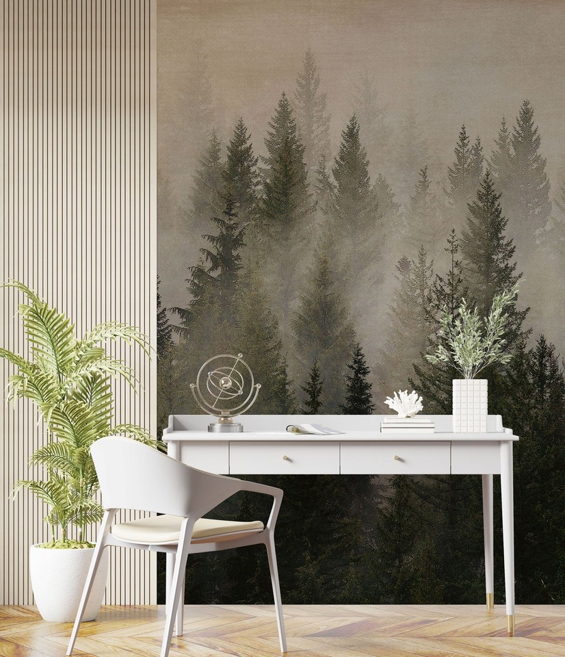 Misty Pine Tree Forest Landscape Wallpaper. Peel and Stick Wall Mural ...