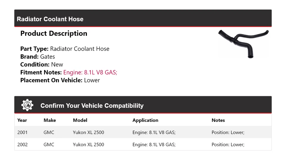 Для 2001-2002 GMC Yukon XL 2500 8,1 л V8 газовый радиатор шланг охлаждающей жидкости нижние ворота - Изображение 2 из 4