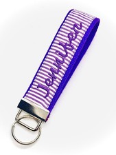 Personalized Wristlet Key Fob/ seersucker/ Stripes/ Purple/ Monogram/ Key Ring