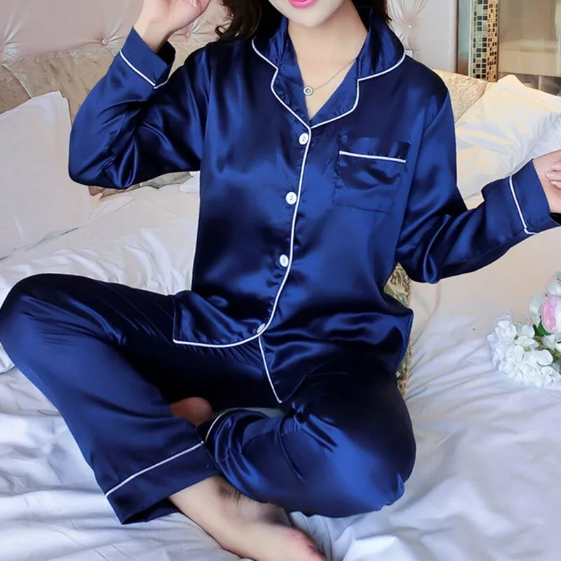 Ladies Satin Pyjamas Women's PJs Silk Long Sleeve Soft Nightwear Sleepwear  Set