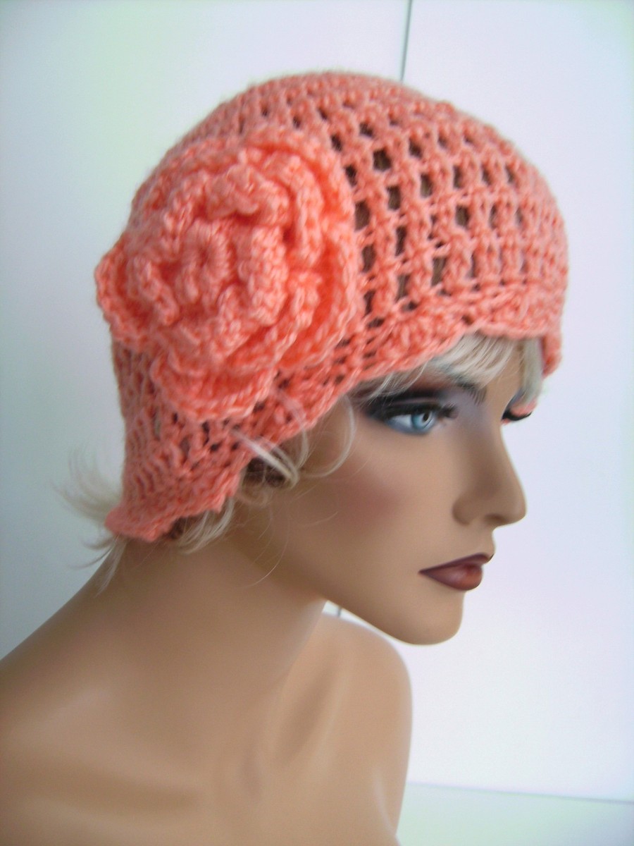 Crochet Beanie Knit Hat With Flower On Side NEW CROCHET PEACH