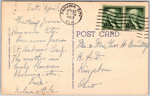 Panama City Florida FL, 1957 The Cove Hotel, Right on the Bay, Vintage Postcard - Picture 2 of 2