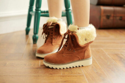 Womens Faux Suede Round Toe Lace Up Block Heels Warm Fur Trim Winter Ankle Boots