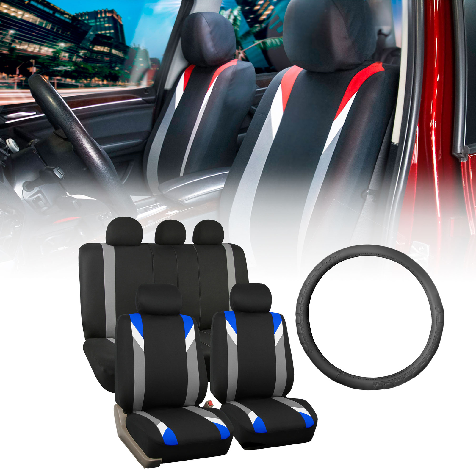 FH Group Universal Fit Cloth Car Seat Covers SUV, Truck w/ Steering Wheel Cover