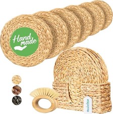 DecoraWell Round Wicker Rattan Woven Placemats Set of 6 With Bamboo Brush
