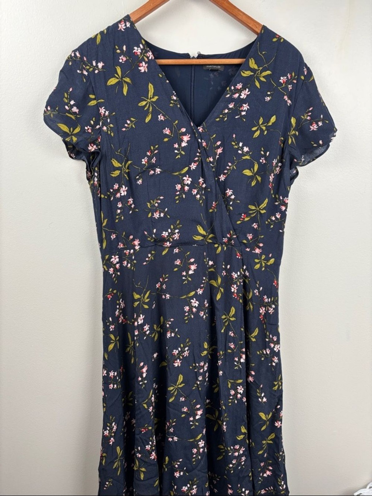 Ann Taylor Navy Floral Wrap Midi Dress with Olive & Pink Accents size 10
