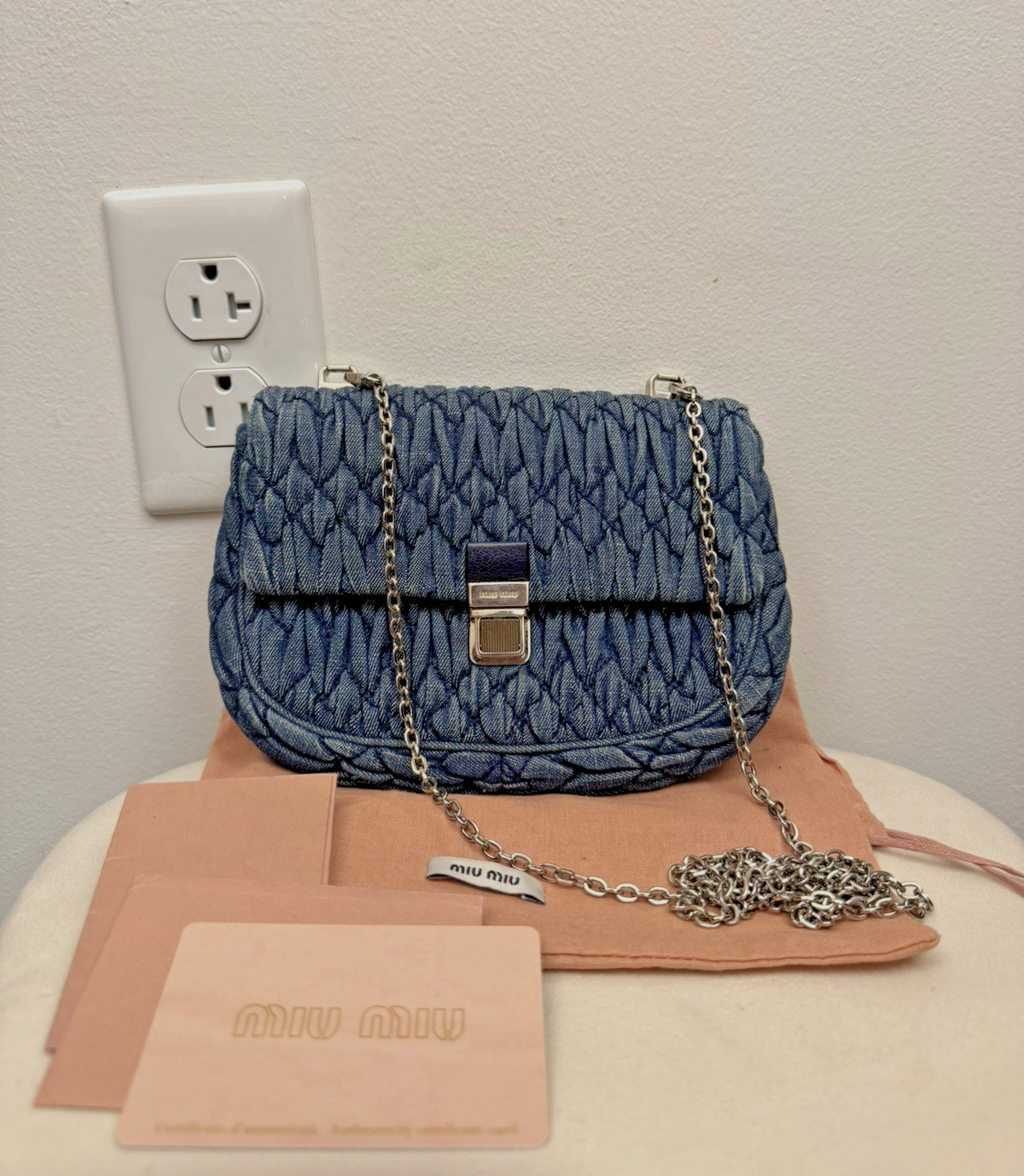 Auth Denim Matelasse Miu Miu Chain Crossbody Bag (missing crystal chain)