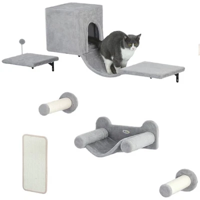 PAWHUT Kletterwand Katzen 6-teilig Katzen Kletterwand Set mit Katzenhaus, Hängematte