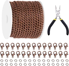 102Pcs 30 Feet Jewelry Chains Set Ancient Red Copper Cable Link Chains Link Roll