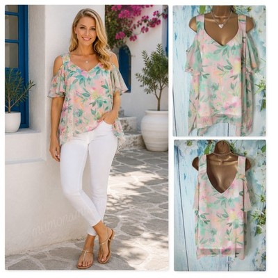 Neu Roman Cold Shoulder Chiffon Bluse Pastell Blumen Größe 20 Taschensaum Brandneu mit Etikett