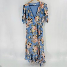 CLEARANCE Miami Blue Floral Maxi Wrap Dress with Ruffle Hem Size Small Romantic